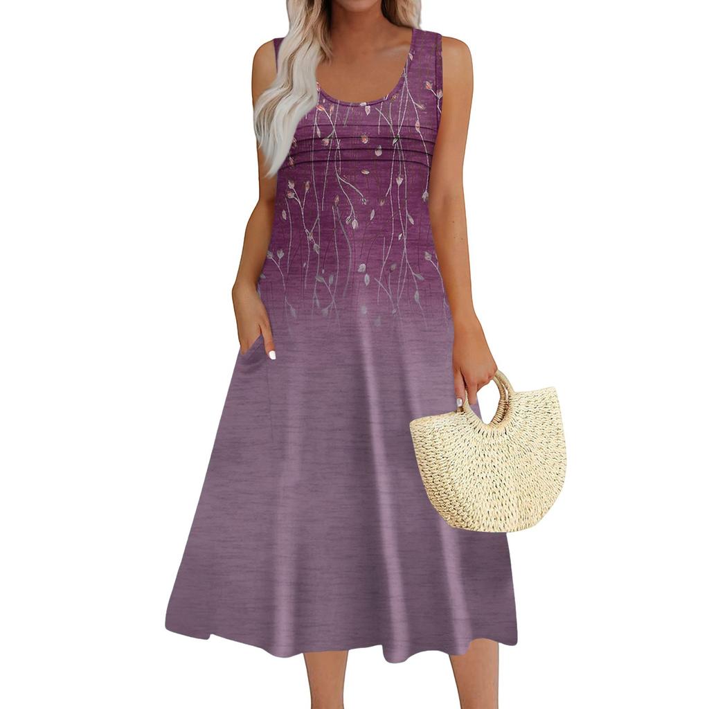 Women's Fashion Round Neck Sleeveless Pleated Beach Dress With Pockets Long Floral Dresses