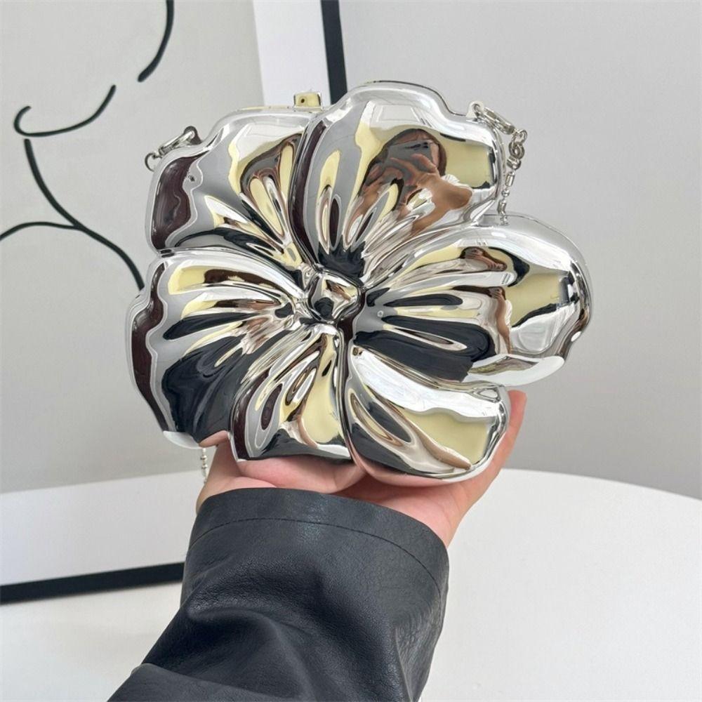 Korean Style Banquet Chain Bag Silver Funny Party Bag Retro Bright Flower Shoulder Bag  Girls