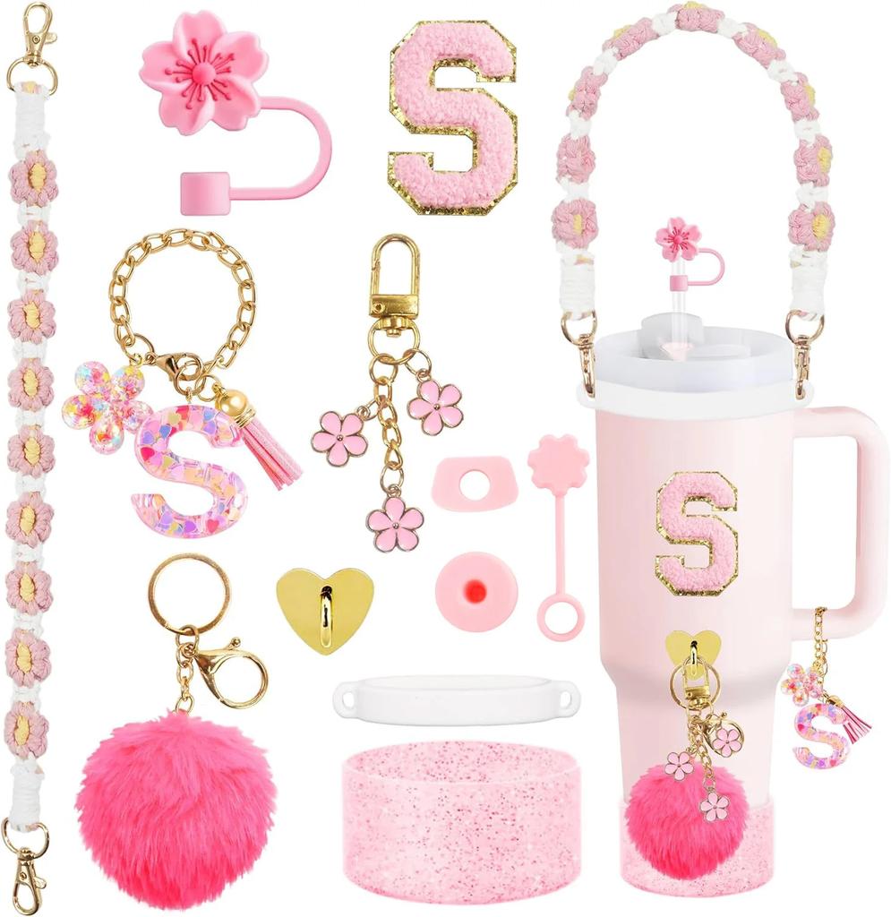 12PCS Cup Accessories for Stanley Cup,Straw Cover Cap 30oz 40oz Water Bottle Handle Strap,Boot,Chains,Personalized Sticker