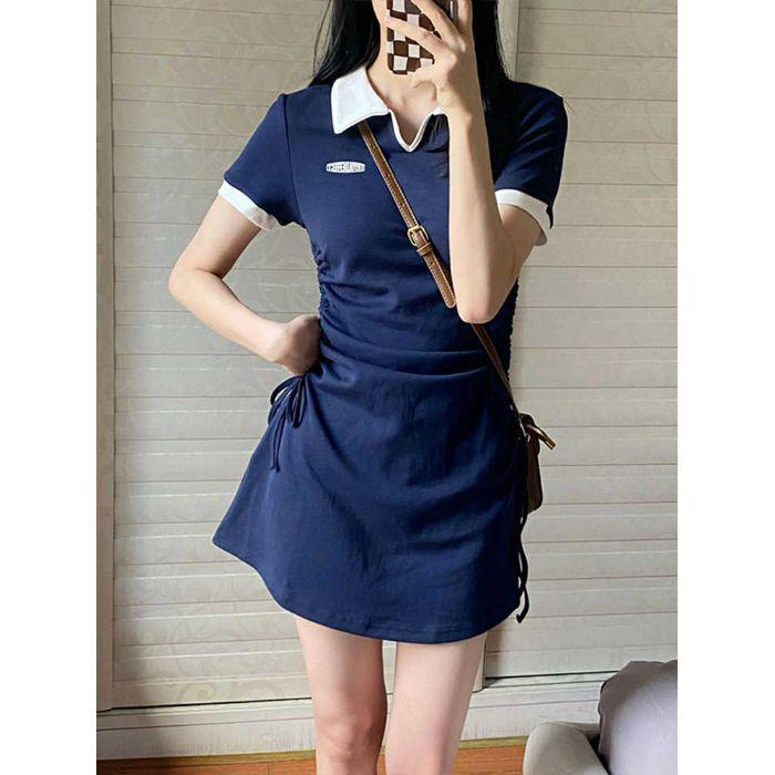 

Американское ретро колорблок преппи платье с воротником поло и приталенным силуэтом для лета Extra Large синий