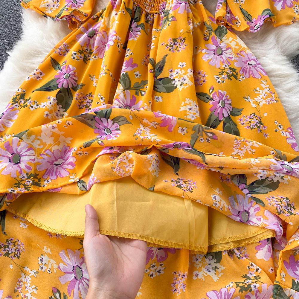 Tea Break French Vintage Dress Square Neck Flared Sleeve Tie Waist Women's Temperament Swing Long Dresses