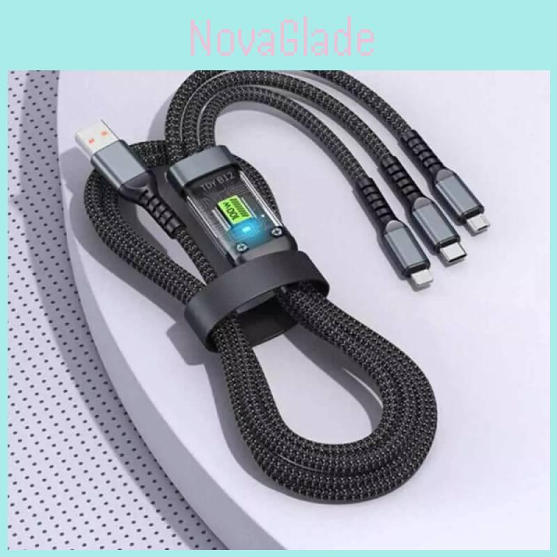 Transparent Fast Charging 3-in-1 Braided Cable With Led Indicator For Huawei Apple Android 100w
