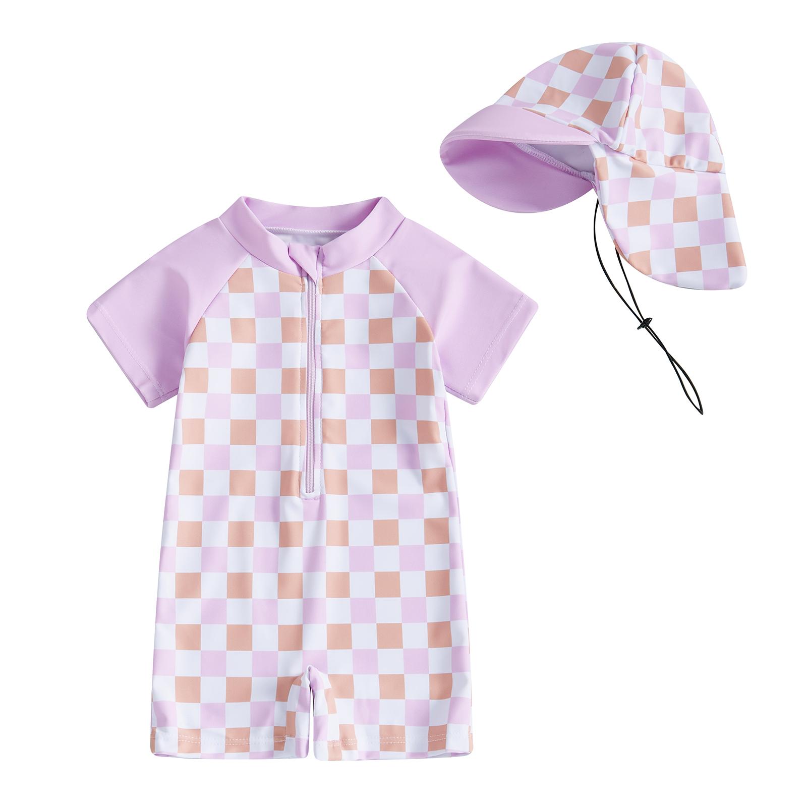 

Купальники с коротким рукавом для мальчиков и девочек, повседневный клетчатый принт, молния, купальник и шапочка, пляжная одежда, купальный костюм 2-3 Years фиолетовый