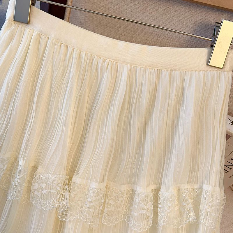 Women's Spring Lace High-Waist Tulle Tiered Cake Midi Skirt - Sweet Paneled Design Versatile & Slimming