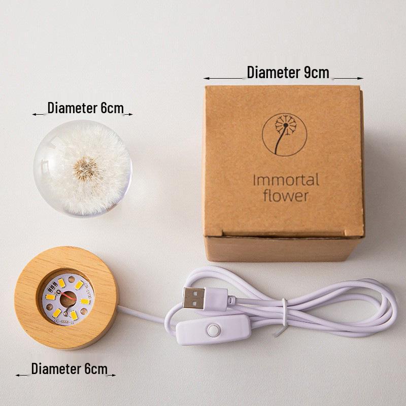 Dandelion Crystal Ball Night Light with Preserved Flower