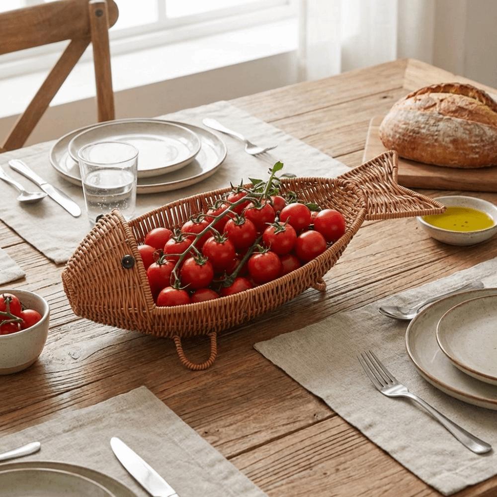 Fish Shape Snack Fruit Plate Plastic Woven Storage Basket Cute Drain Basket  Kitchen Storage