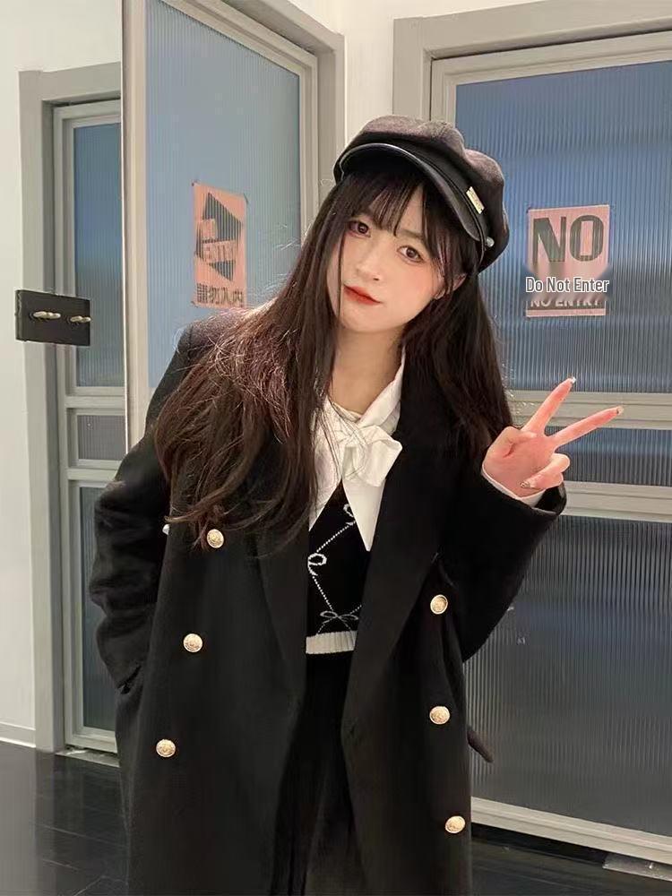 Women's Japanese Style Black Double-Breasted Woolen Coat - Mid-Length, Autumn/Winter 2025 Collection.