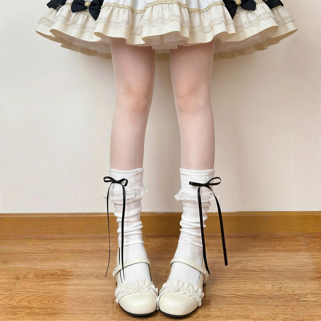 Original Japanese-style Lolita Thin Mid-Calf Knitted Polyester Tube Socks Bows Lace Design Breathable Anti-Bacterial Daily
