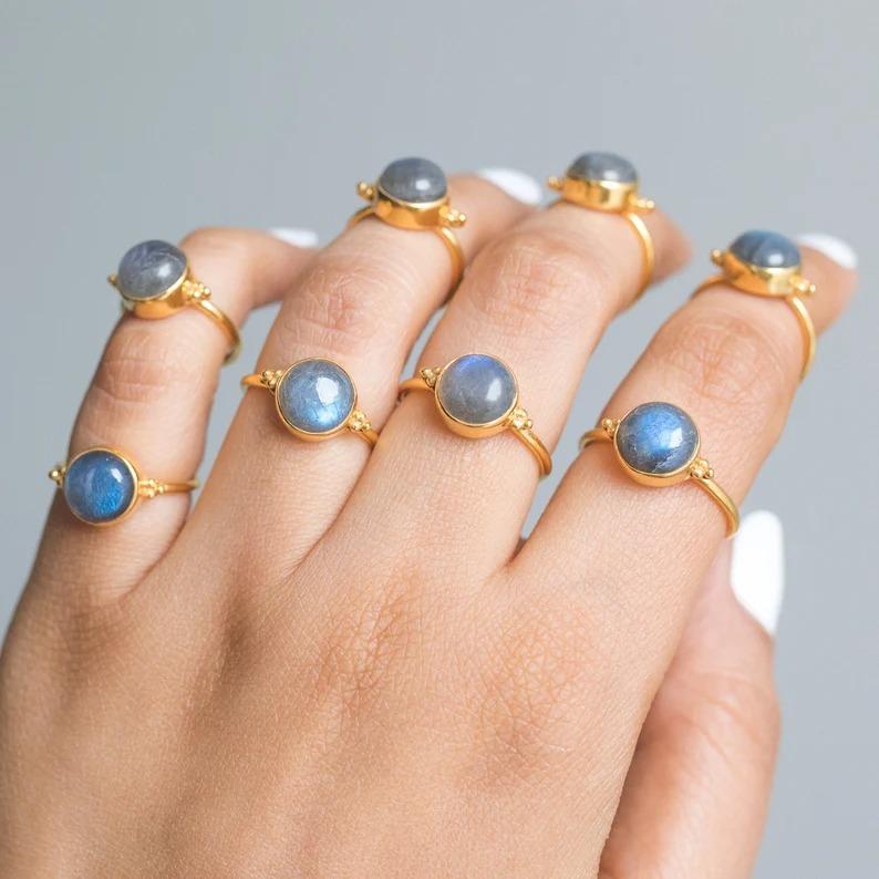 Labradorite Round Gemstone Ring, Solid 925 Sterling Silver Ring, Yellow Gold Ring, Handmade Jewelry, Bohemian Ring, Silver Ring
