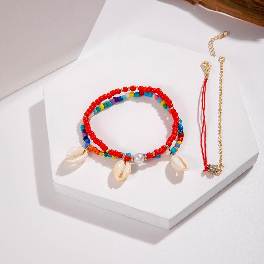 Cross Border Beach Series Vacation Style Shell Bead Multi-Layer Ankle Chain Personalized Colorful Rice Bead Ankle Chain Three Piece Set