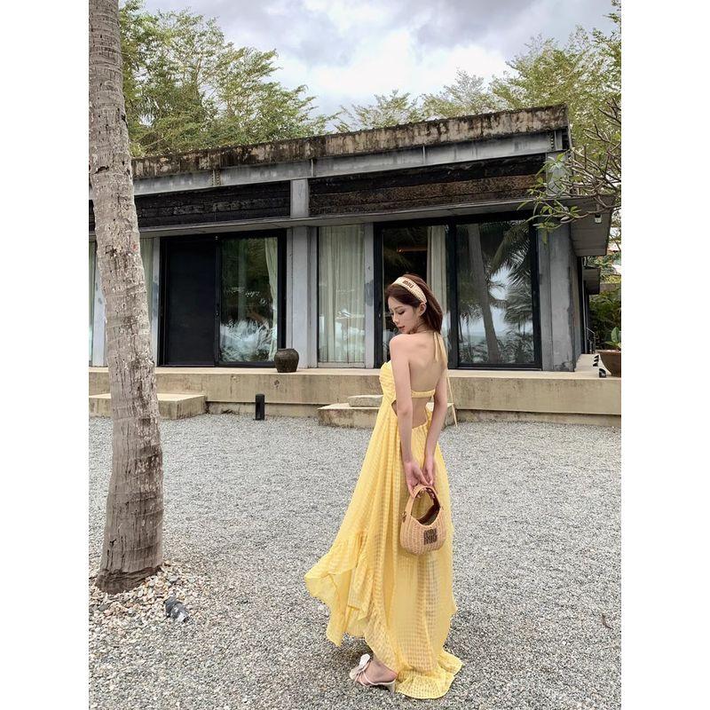 Kumikumi Holiday Style Yellow Plaid Hanging Neck Dress Women Summer French style Age Reduction Frill Backless Long dress