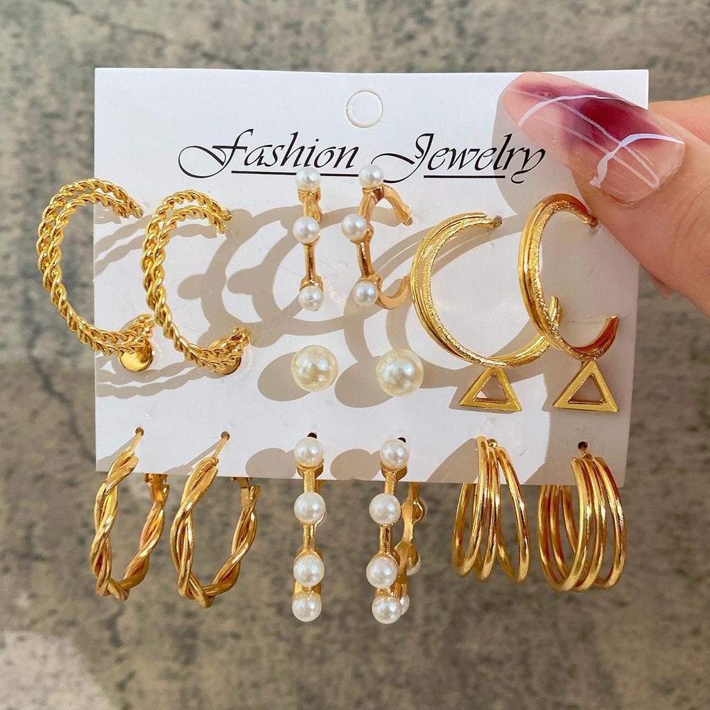 5-Pair Retro Leopard & Floral C-Shaped Earrings Set - Creative Personality Silver Hoops