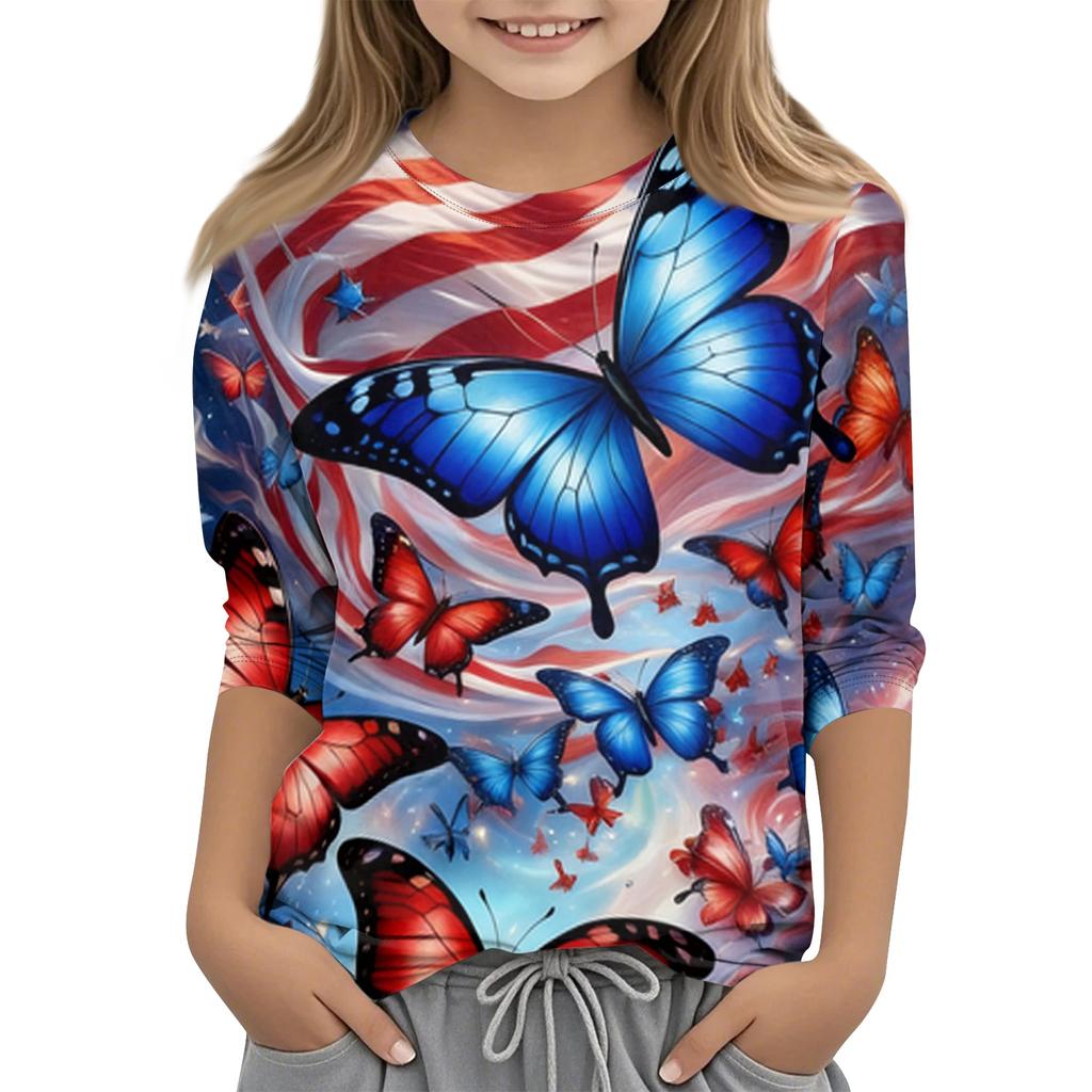 T-shirt décontracté pour enfant avec imprimé Jour de l'Indépendance, col rond, manches trois quarts