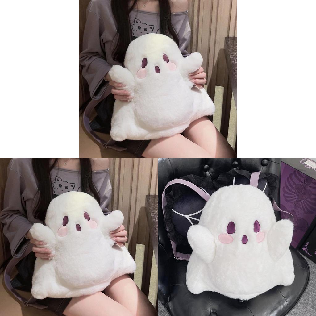 Plush Ghost Cartoon Student Backpack With Storage For Daily Use Girls