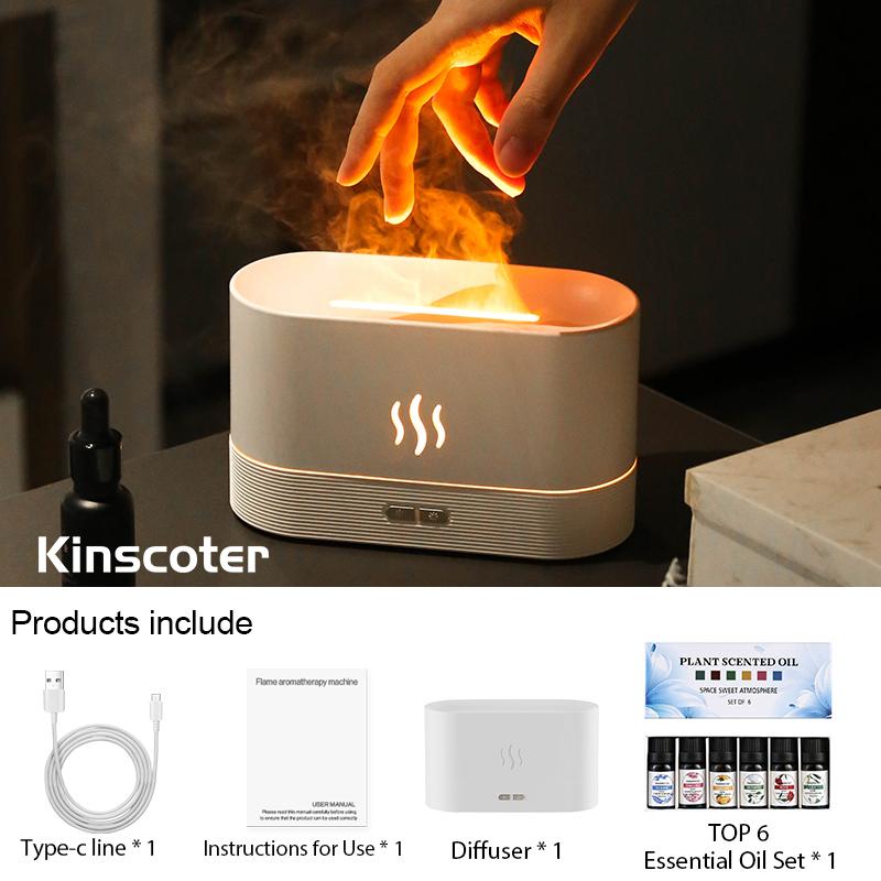 Flame Aroma Diffuser Plant Organic Essential Oil Set Flame Air Humidifier 180ml With 9-12 Hours Aromatherapy