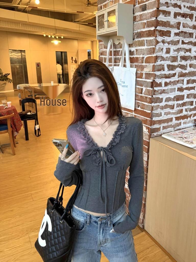 Korean Sweet Lace-Up Trim Long Sleeve Slimming T-Shirt for Women