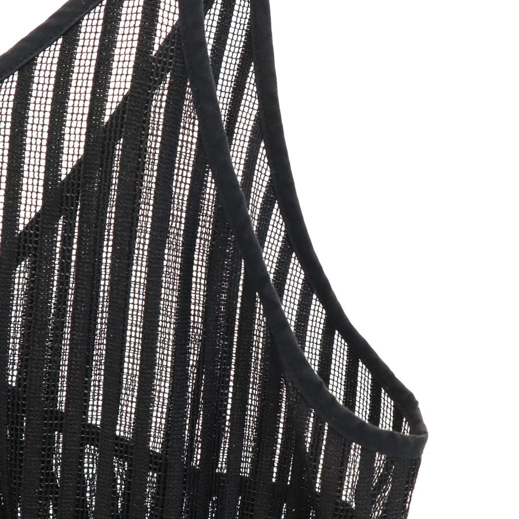 Ray Beams Striped Pattern Short Sleeve Mesh Gathered Camisole Black Women Used