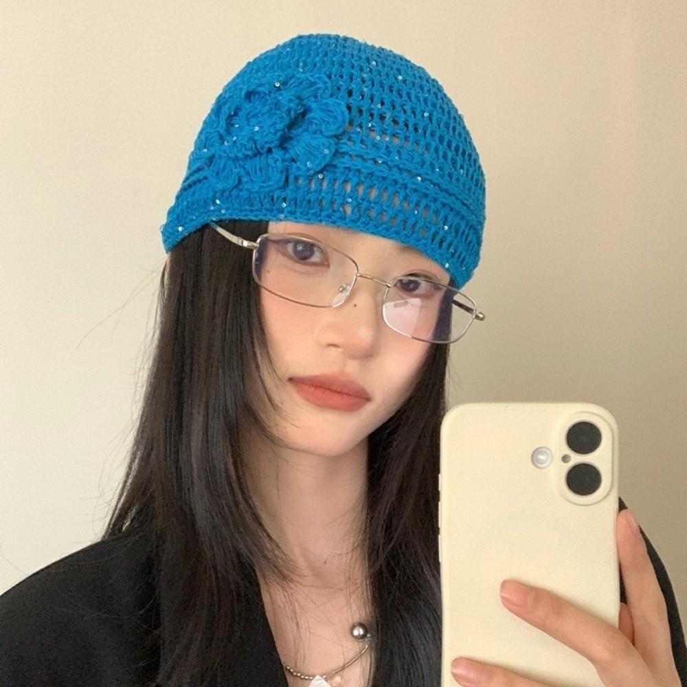 Flower Knitted Caps Hollow Sequin Crochet Hat Y2k Style Beanies Cap