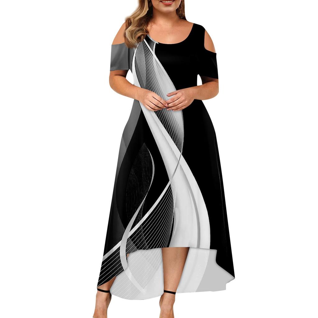 Damenkleid in großer Größe mit kurzen Ärmeln, modischem Druck, Rundhalsausschnitt, trägerlos und unregelmäßigem Saum