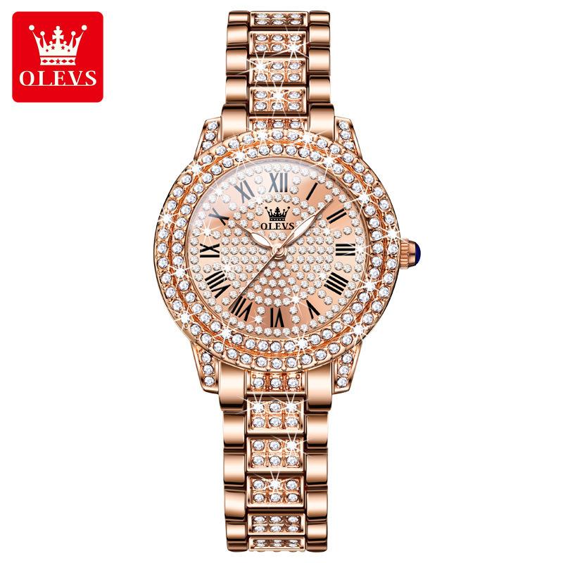 OLEVS Women's Watches Fashion Original Quartz Wrist Watch for Ladies Roman Dial Dazzling Diamond Waterproof Luminous Luxury New