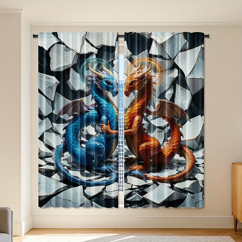 

Set Of 2 Stained Glass Dragon Fantasy Print Curtains Semi Polyester Design Style Perfect Livi Contemporary Sheer Made W100*H70(CM)-Hooks&1PCS