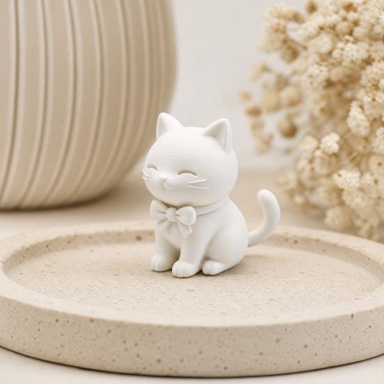 3D Printed Cute Cat Ornament, Mini Size Matte White Cat Figurine with Bow Tie, Desktop Decoration for Home Office Car, Small Gift for Cat Lovers