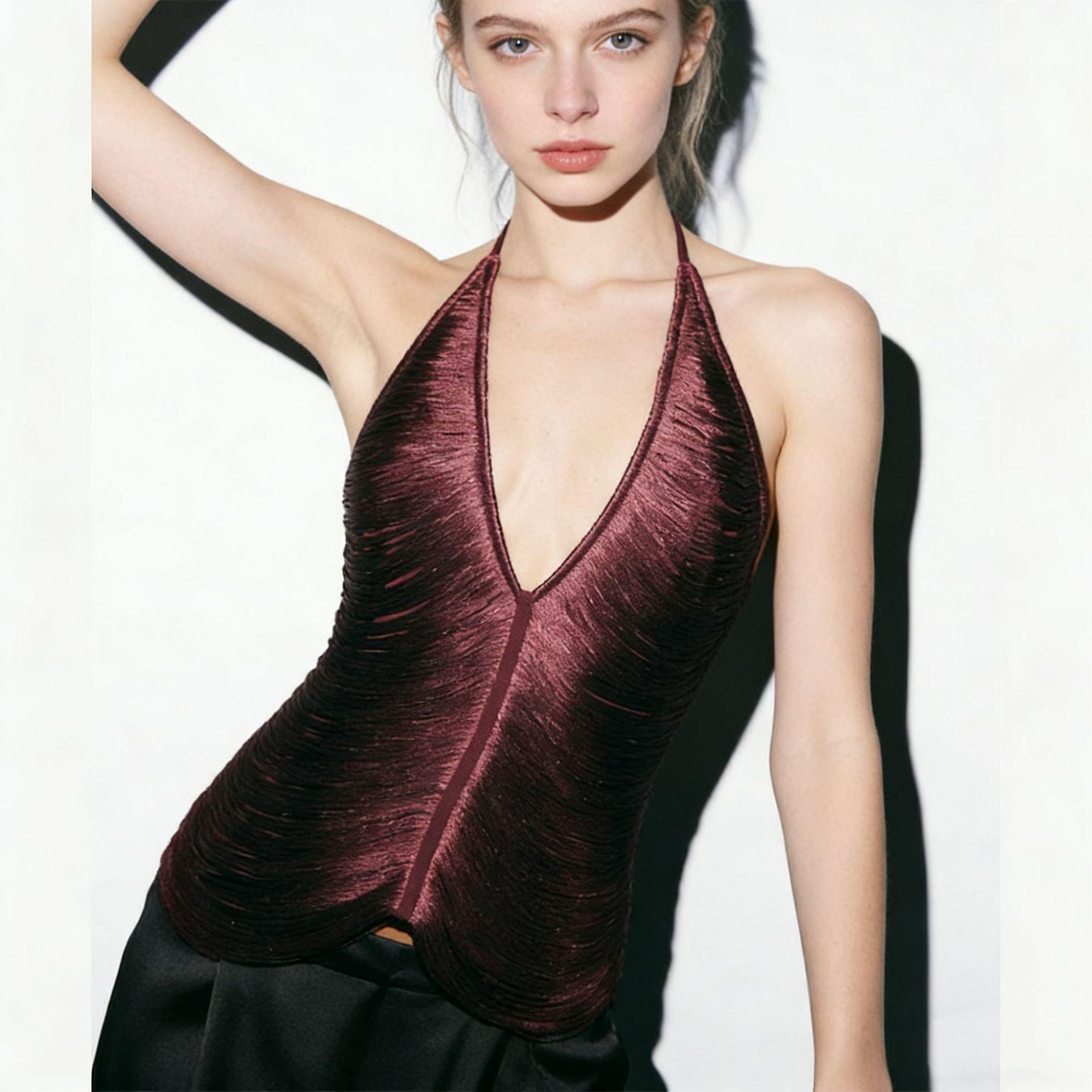2026 Spring/Summer Deep V Halter Backless Fringe Tank Top LX0222 S