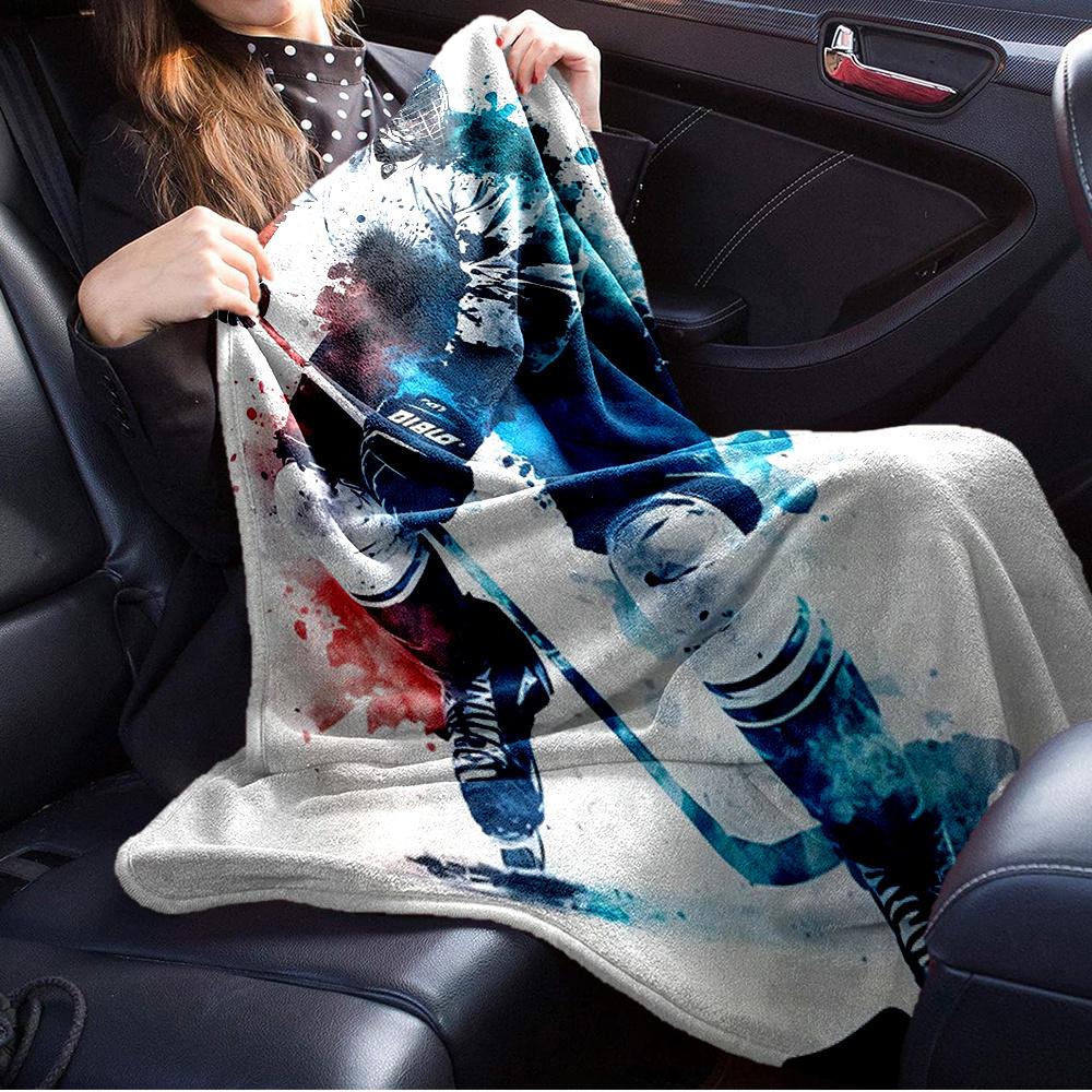 For Hockey Player,Action Pose,Watercolor Effect-Themed Flannel Blanket, Glam Style, Digital Print, All-Season Comfort, Tear-Resistant, Knitt