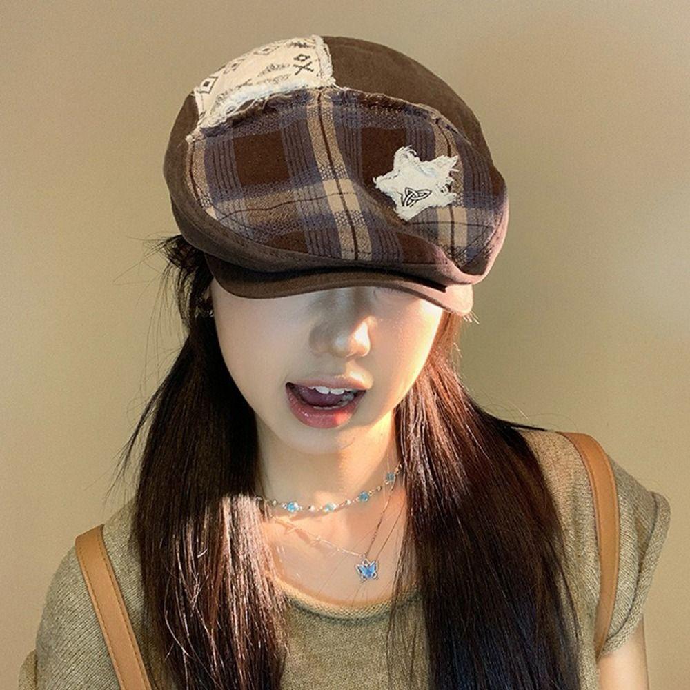 Y2k Star Plaid Beret American Painter Cap Casual Newsboy Cap  Spicy Girls