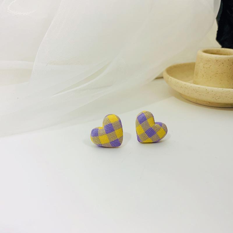 Love heart-shaped lattice earrings new s925 silver needle small fresh earrings female fabric jewelry фиолетовый