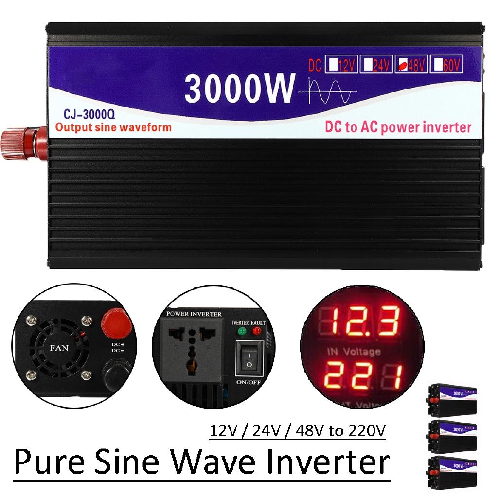 3000W Transformer Converter Pure Sine Wave Power Inverter+Double LCD Display Black