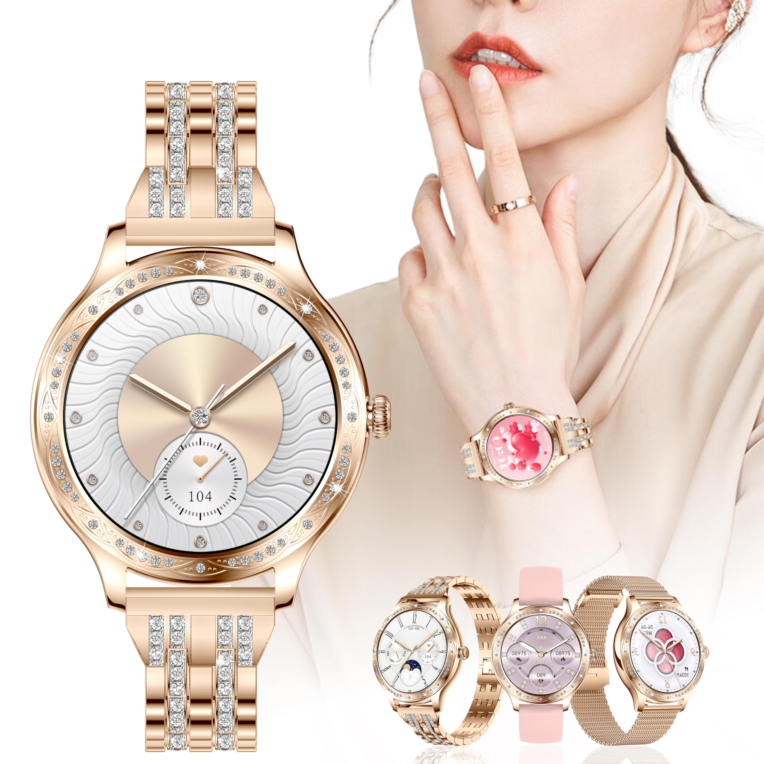

Exquisite Diamond Design Smartwatch for Women, a Perfect Gift for Mother s Day or Respect for the Aged Day. 1.27-inch, 3 Bands Included, Bluetooth