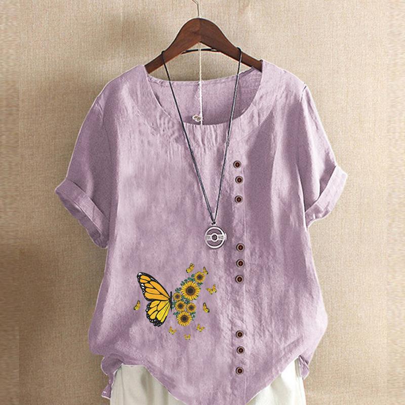 Women's Fashion Butterfly Prined Short Sleeve T-shirt Loose Cotton Shirt Casual Loose Summer Blouse Tops Plus Size