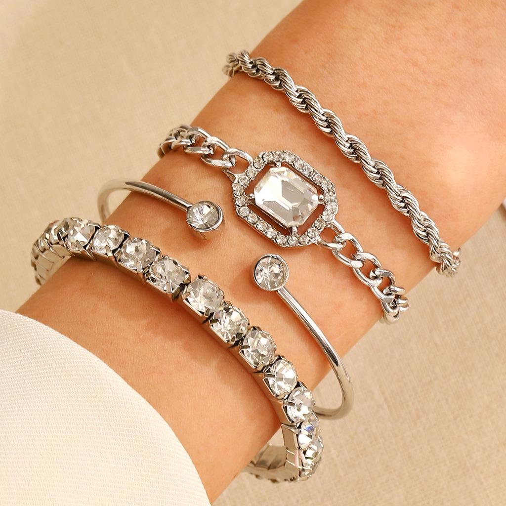 4 Stück/Set Strass-Dekor Gedrehter Armreif Mode Hohlkette Mehrlagig Hand Geometrie Einfacher Offener Armreif Für Frauen Geburtstagsgeschenk