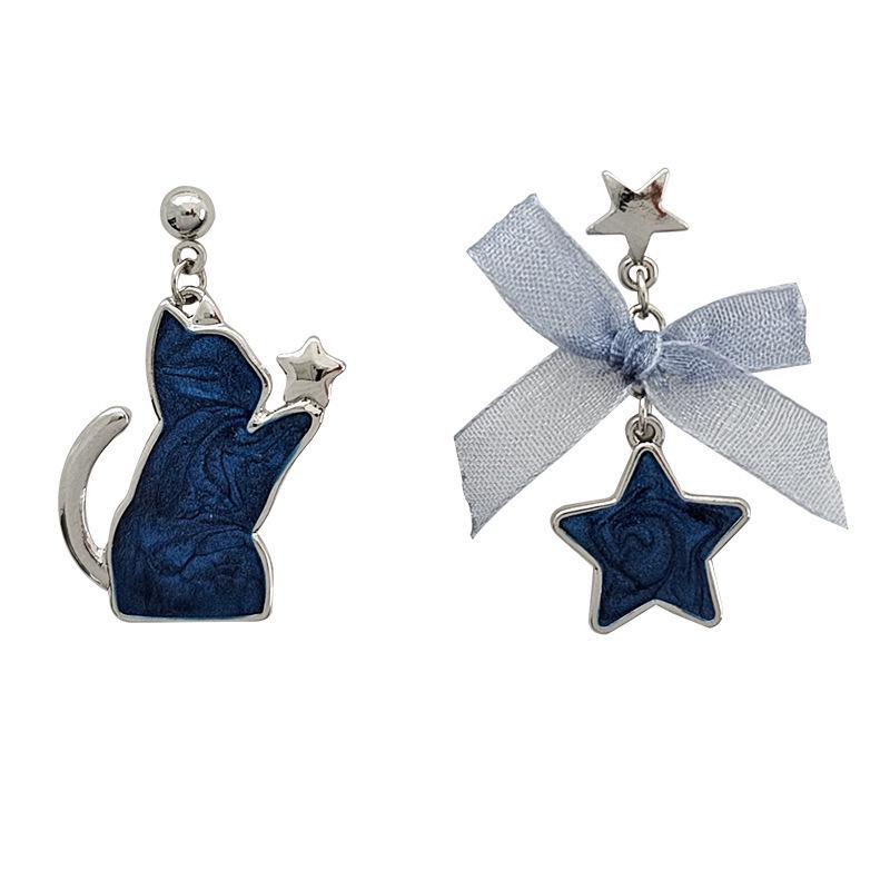 Girly Asymmetrical Cat Star Bow Earrings