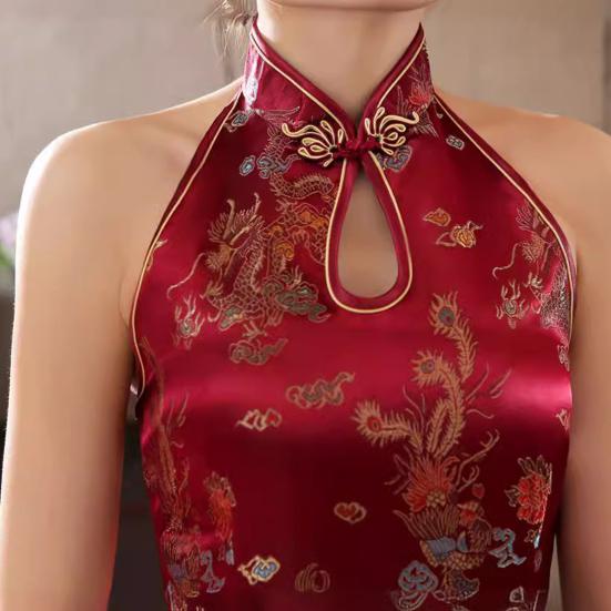 Ženy Léto Cheongsam Stojánek s límečkem Potisk na rameni Dělený lem bez zad s vyhloubeným lemem Bez rukávů Qipao Slim Fit Retro společenské šaty v čínském stylu