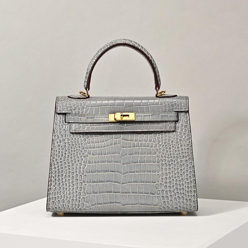 Matte Crocodile Pattern Genuine Leather Kelly Bag - Versatile Handbag, Shoulder, and Crossbody Style
