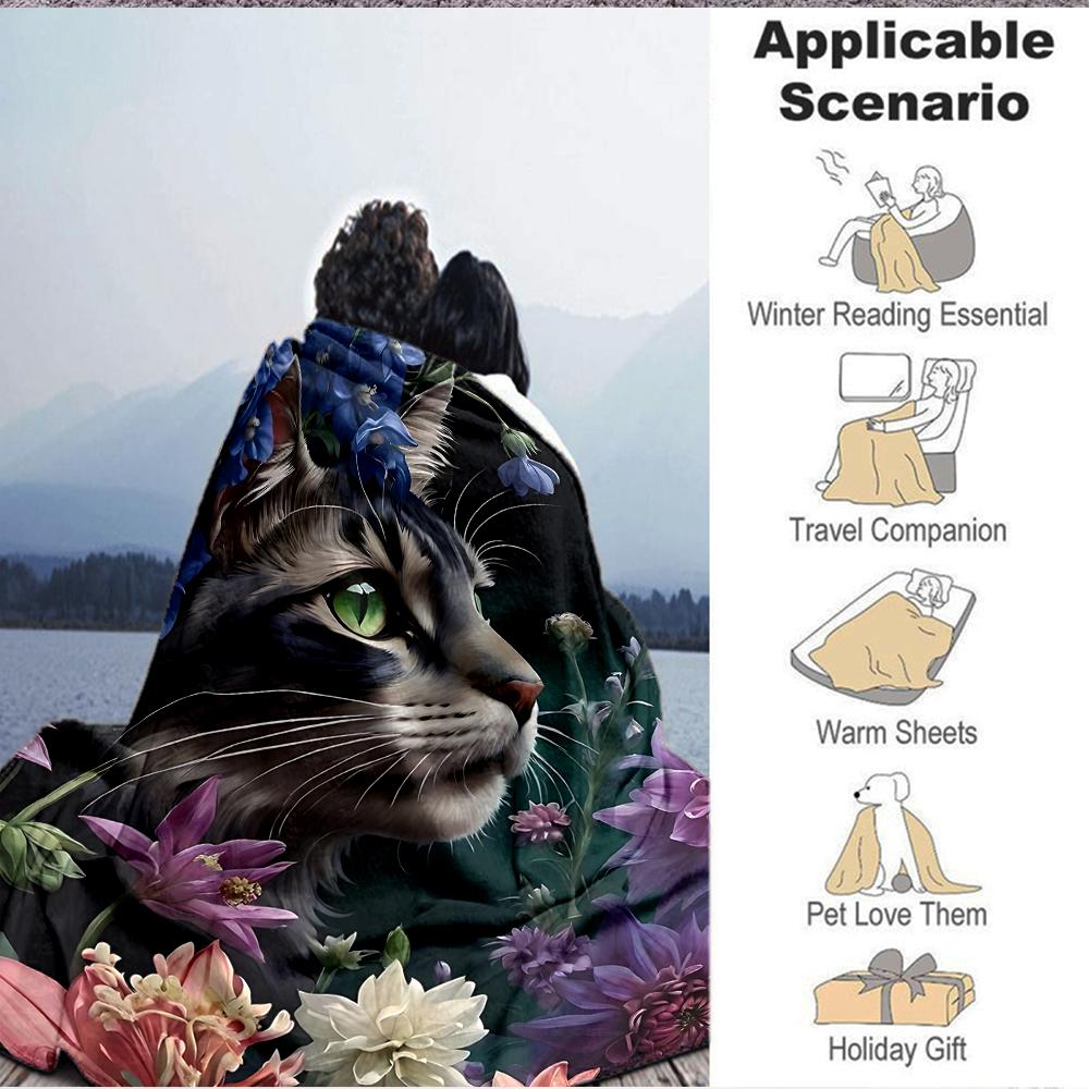 1Pc Cat Amidst Floral Splendor Flannel Blanket, Soft And Comfortable, Casual Warm, Camping Travel, Christmas, Halloween Xmas Gift. G116