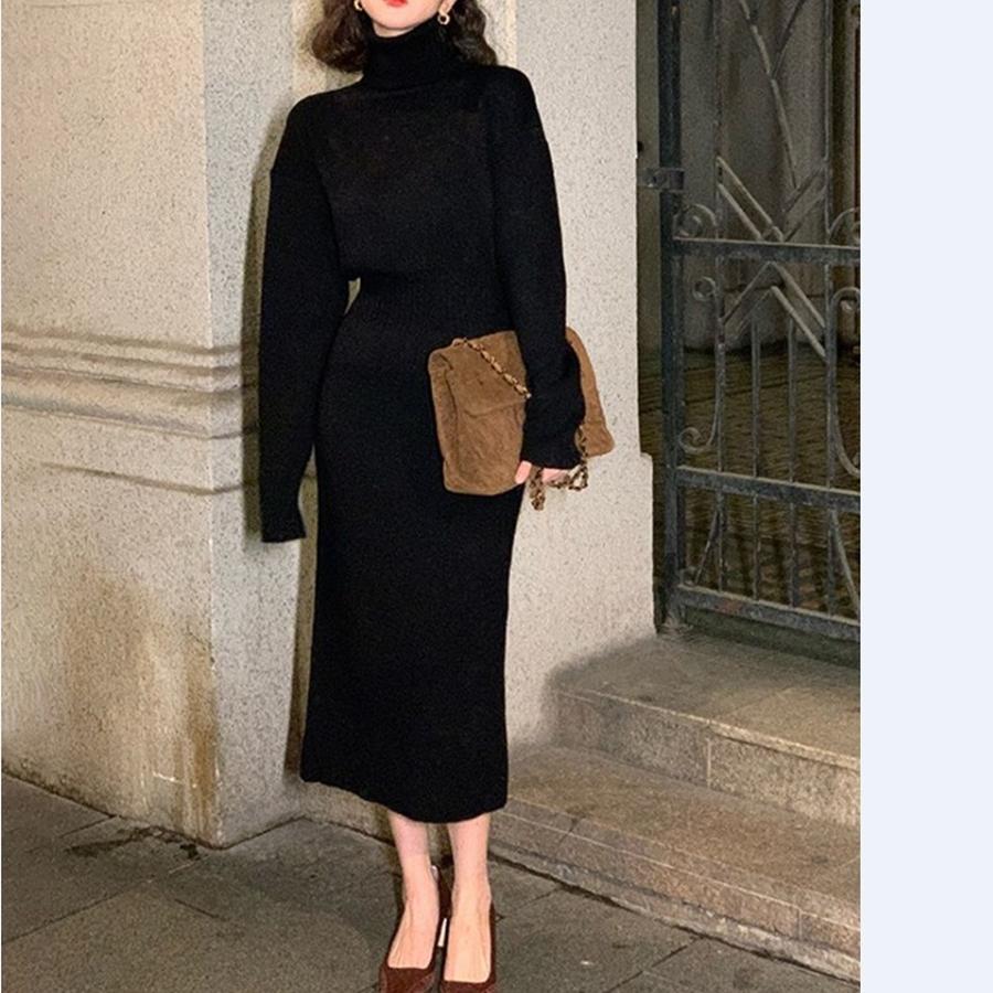 Long-Sleeve High Neck Knit Dress with Wide Leg, Korean Style Inner Dress for Women Autumn Winter