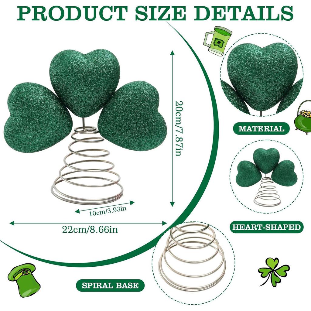 St Patricks Day Tree Topper Green Heart-Clover Tree Ornaments with Metal Base Holidays Ornament for Holiday Party Decor