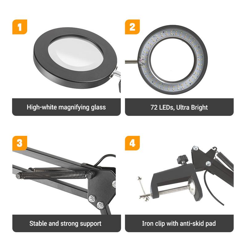 3-Color 72LED Magnifier Glass Lamp 8X/10X Magnification With USB-Powered For Electronics Repair Desk Lamp&Precision Beauty Care