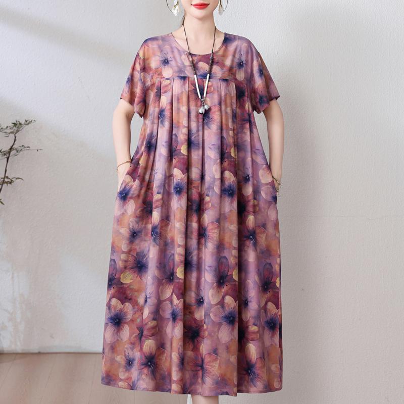 Velké volné šaty s vintage potiskem pro ženy Ležérní letní dámské šaty s krátkým rukávem