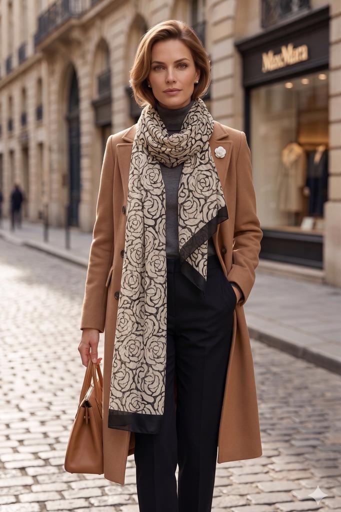 Scarf with a Rose Motif - Black and White, Elegant, Light
