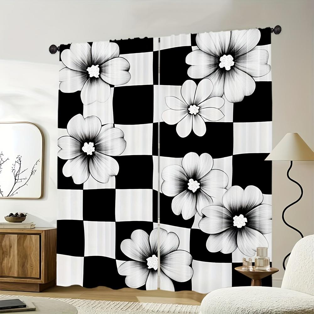 

Set Of 2 Art Deco Black White Floral Checkered Curtains Fade Resistant Polyester Bedroom Living Room Off Curtain For Great Made Machine Washable W100*H70(CM)-Rod Pocket&2PCS