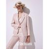 Blacknin "Heroine" Linen Gold and Silver Silk Thin and Glittering Closure Collar Stripes Pink Suit Outwear Vest Cropped Pants