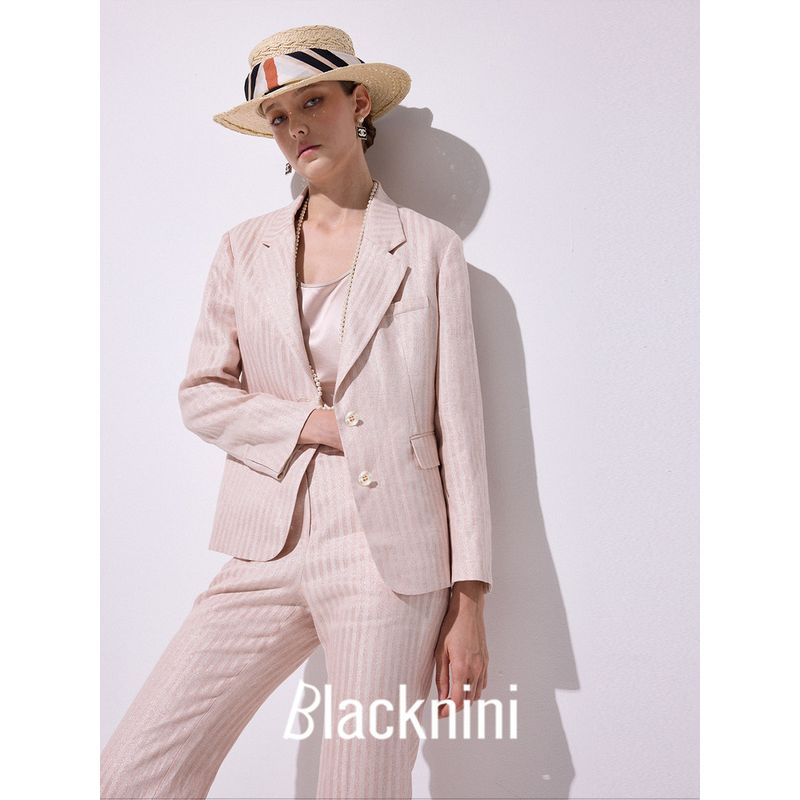 Blacknin "Heroine" Linen Gold and Silver Silk Thin and Glittering Closure Collar Stripes Pink Suit Outwear Vest Cropped Pants