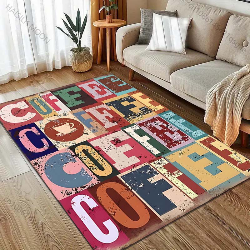 Retro Coffee Letters Print Carpet for Living Room Bedroom Bedside Sofa Floor Mat Modern Home Decor Area Rug Large Size