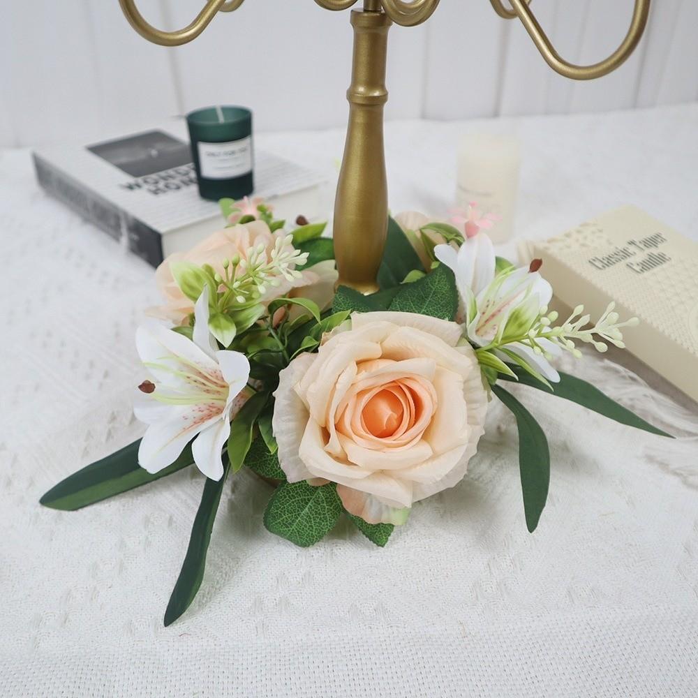 Silk Candle Ring Artificial Flowers Mini Rose Wreath New Candlestick Wreath  Dining Table Core