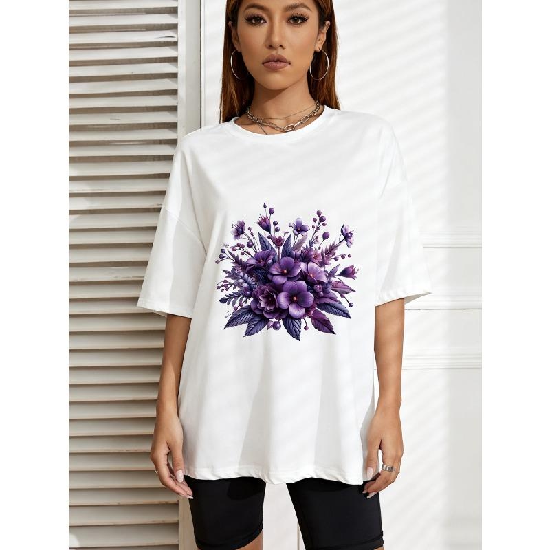 

White Oversized T Shirt With Purple Floral Print For Casual Wear XXXXL