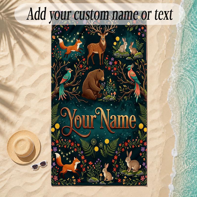 Forest Theme Soft Beach Towel Personalized Custom Name Text Towel Portable for Beach Pool Travel